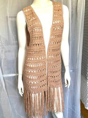 PRONTO Boho Tan Crochet Loose Long Open Vest Layer one size